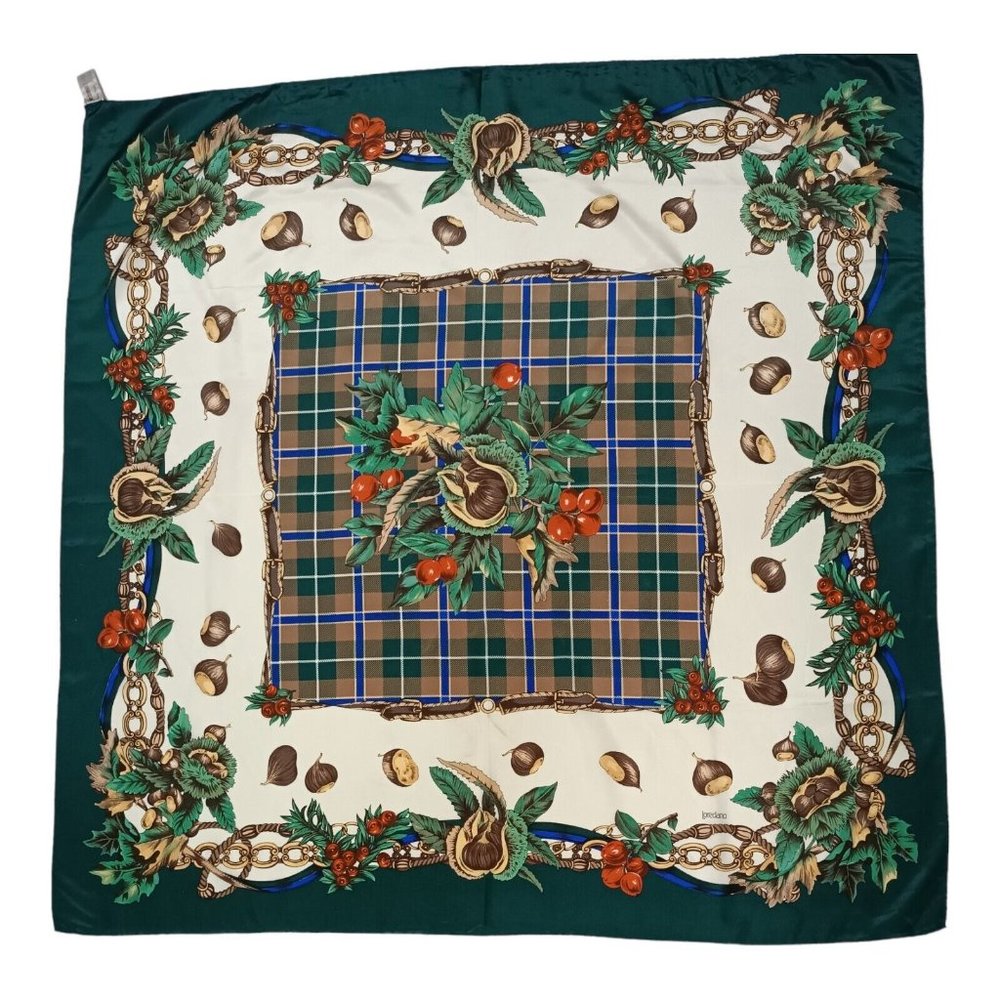 LOREDANO Green Tartan Fruit Silk Scarf ITALY 34.5"/ 34.5” VGC